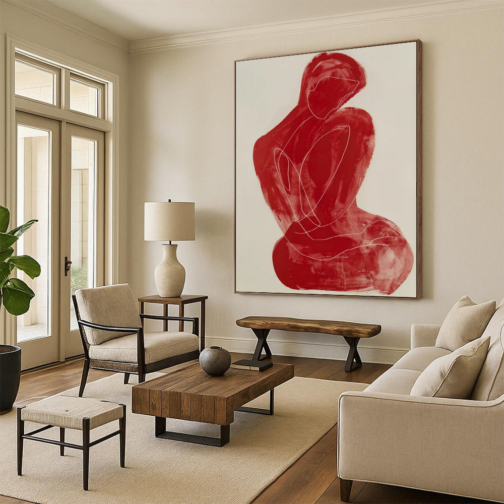 “Red Line Figure” - Minimalist Abstract Figure Painting On Canvas CT2228