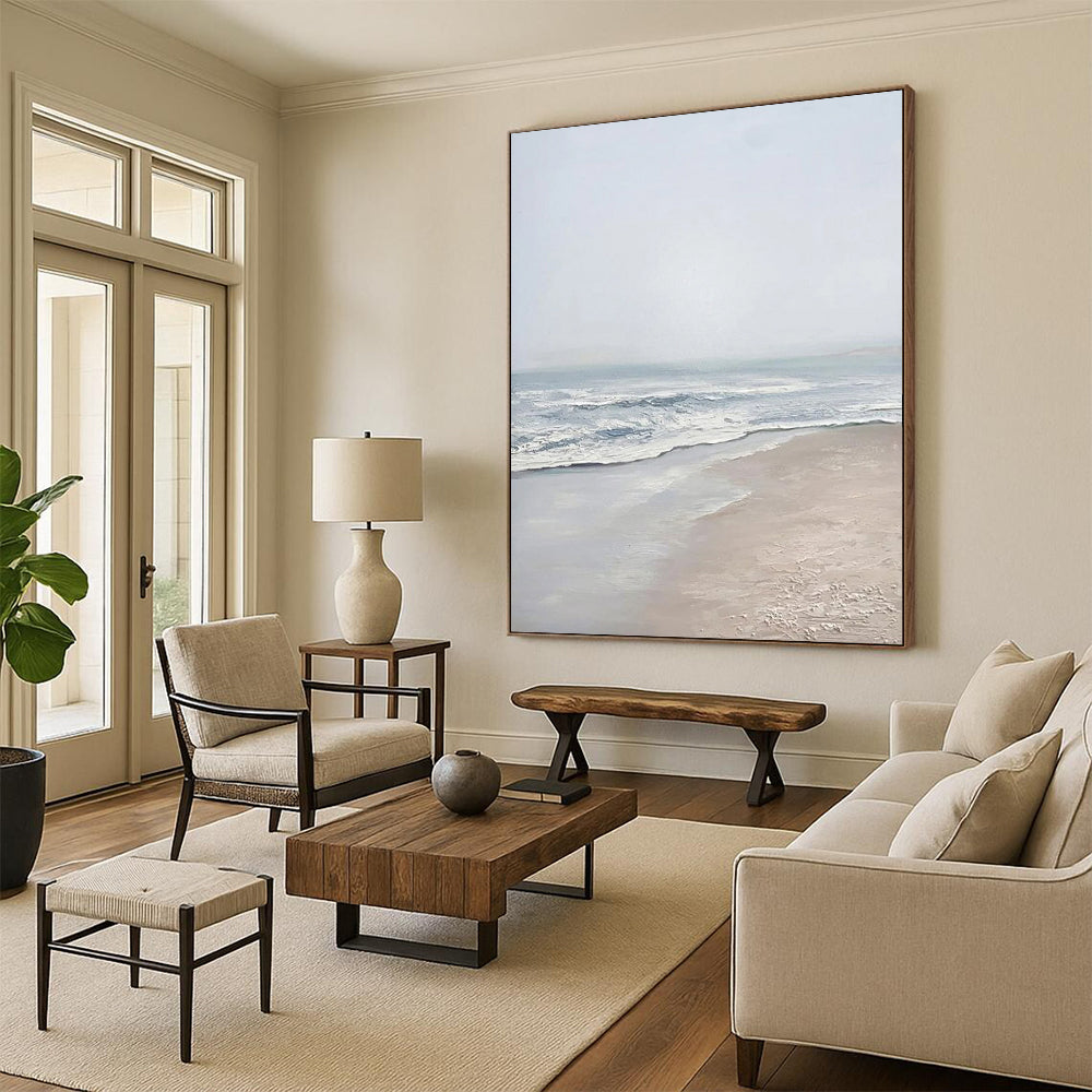 “Serene Gray Beach” - Gray, Blue, White Landscape Painting On Canvas DTP310