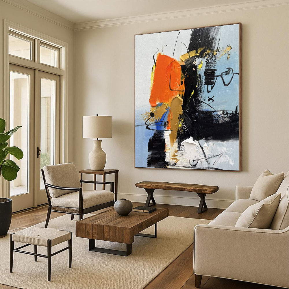 Orange, Black, White, Yellow & Blue Abstract Strokes, “Fiery Harmony” - Impasto Abstract Painting CT0783