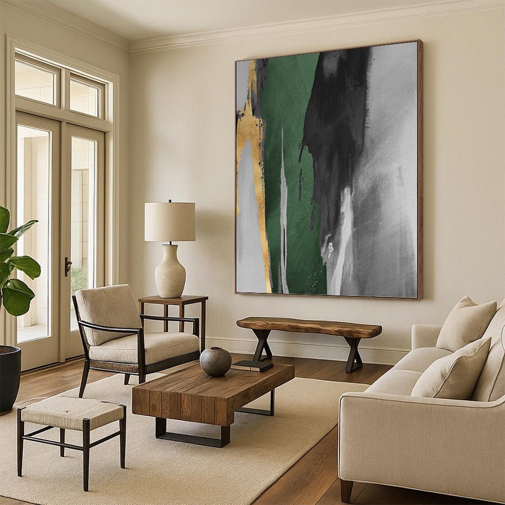 “Gold, Green & Gray Abstract Drips” - Gold, Green, Gray & Black Abstract Painting On Canvas DKH1198