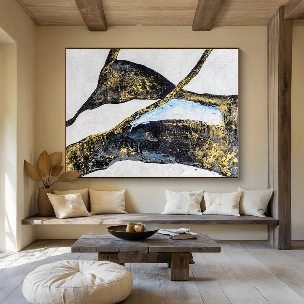 “Gilded Organic Shapes - Black, Gold, and Blue” Painting On Canvas DKH011