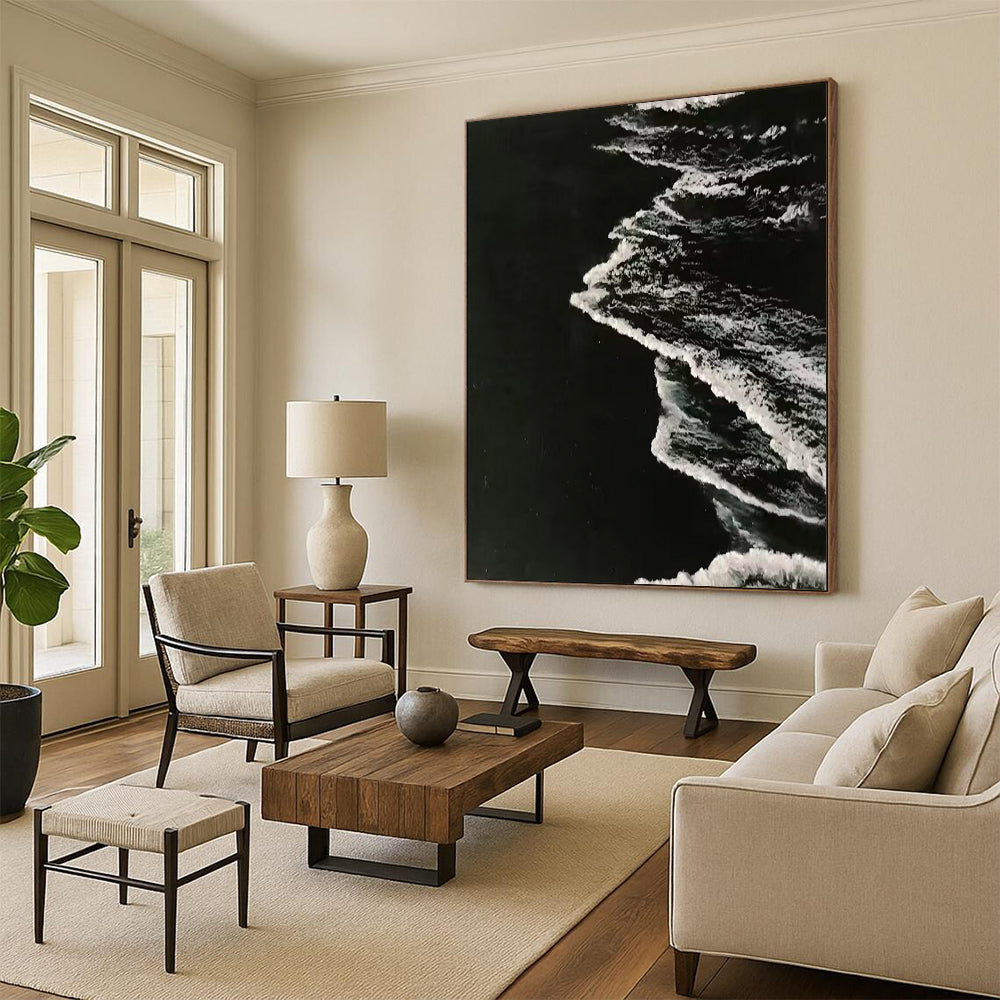 “Black, White Textured Waves ‘Nocturnal Tide’” - Impasto Monochrome Sea Painting On Canvas DTP349