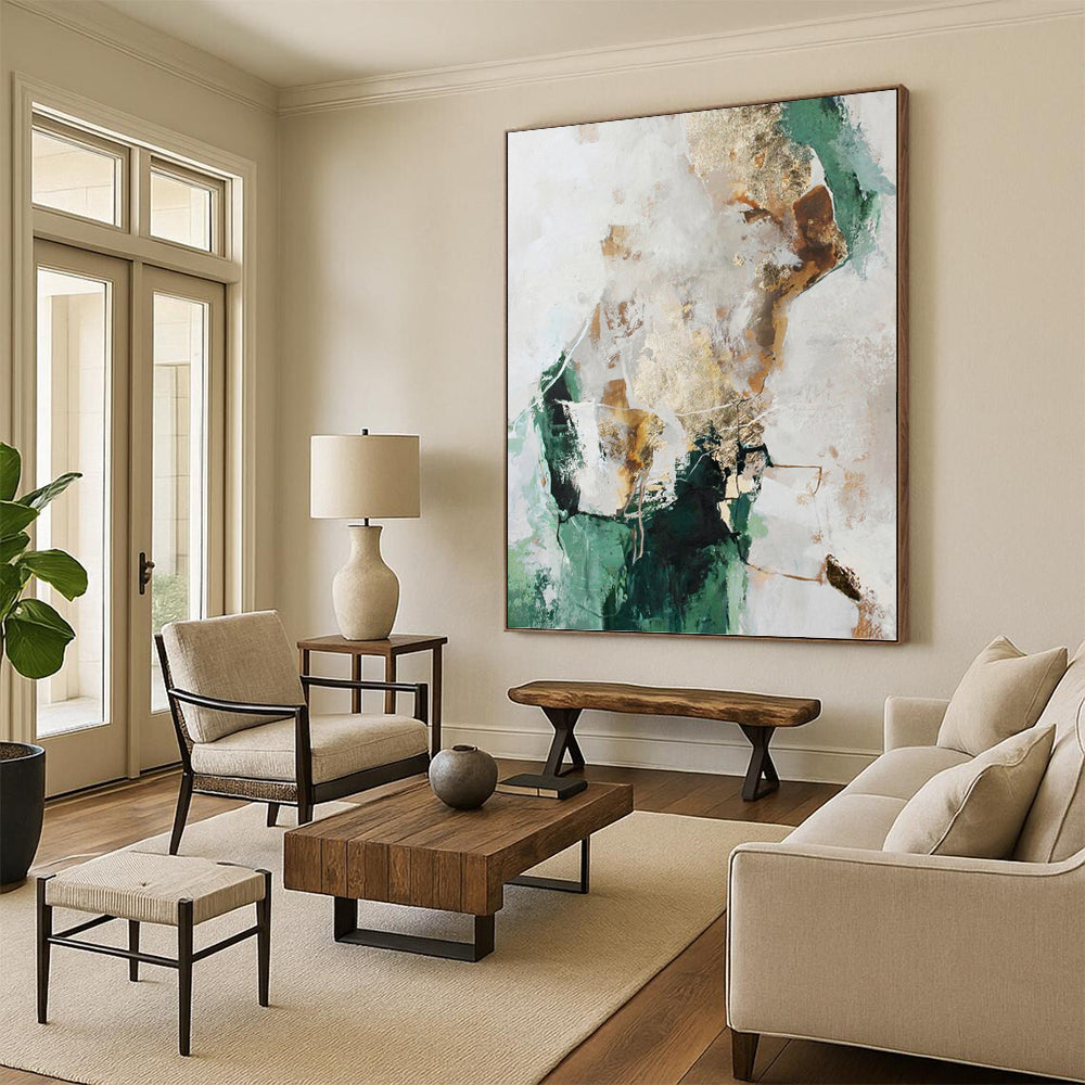 “Green, Gold & White Abstract” - Green, Gold & White Modernist Painting On Canvas DKH1008