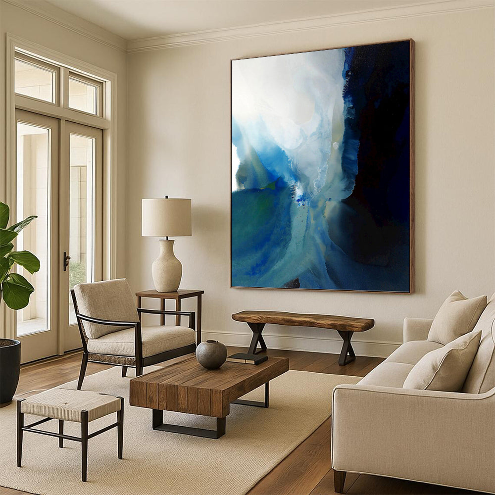 “Blue - White Ink Flow” - Blue, White & Black Abstract Watercolor Painting On Canvas DKH0941