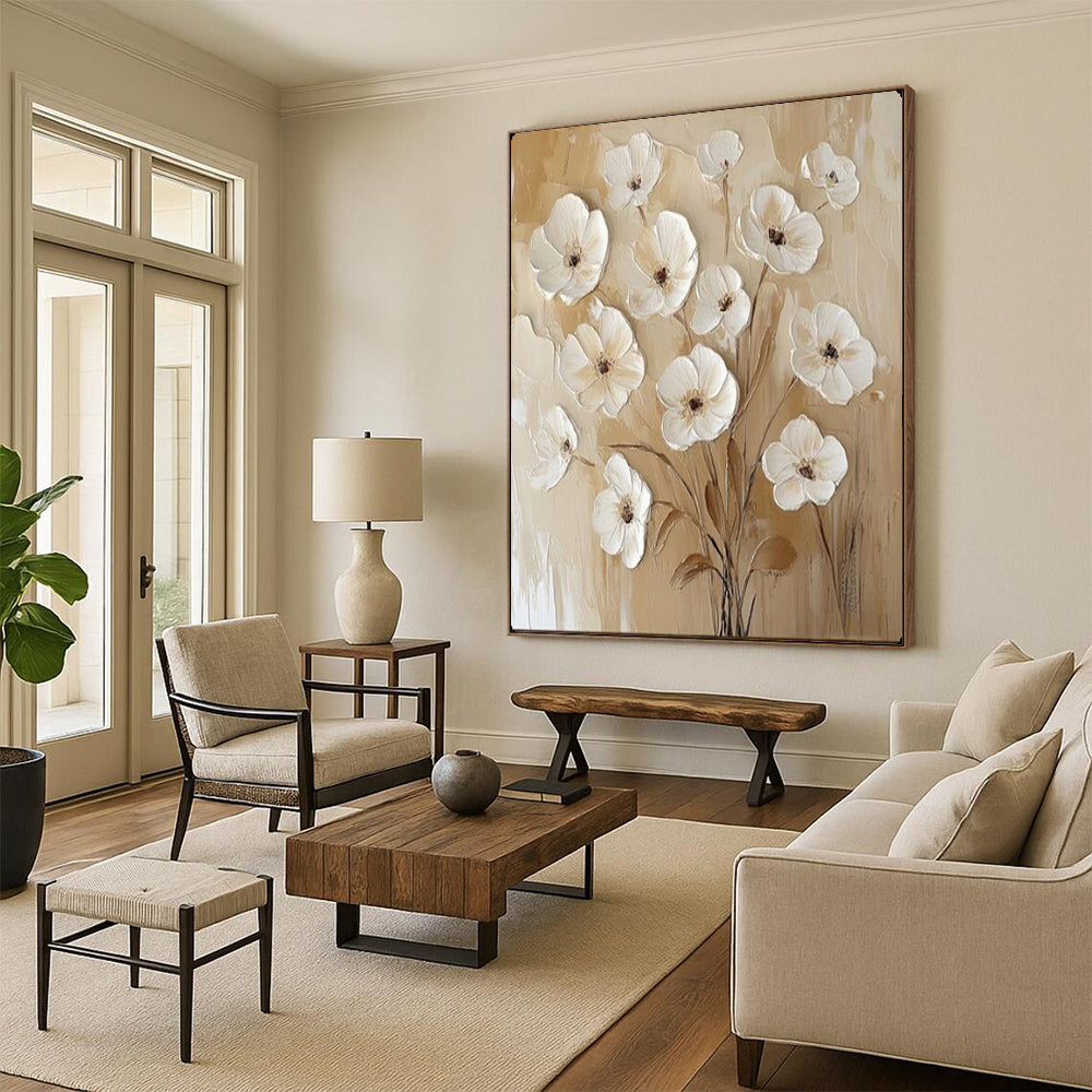 “Textured White Flowers on Beige” – Impasto Floral Oil Painting On Canvas CT2155