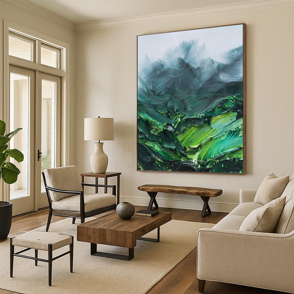 “Green Mountain Impasto” - Green, Teal & Gray Textured Landscape Painting On Canvas DKH0944