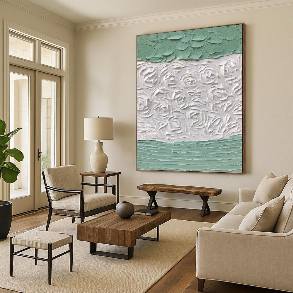 Textured White Roses on Green - Impasto Floral Painting On Canvas DKH1269