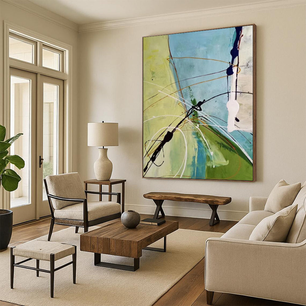 Green, Blue, White & Brown Linear Interplay - Abstract Painting On Canvas CT2307