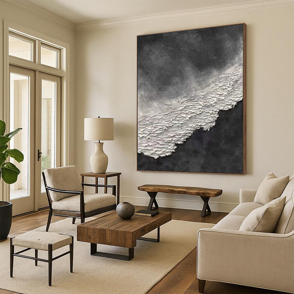 “Black, White Textured Contrast ‘Shadow & Light’” - Impasto Abstract Painting On Canvas DTP339