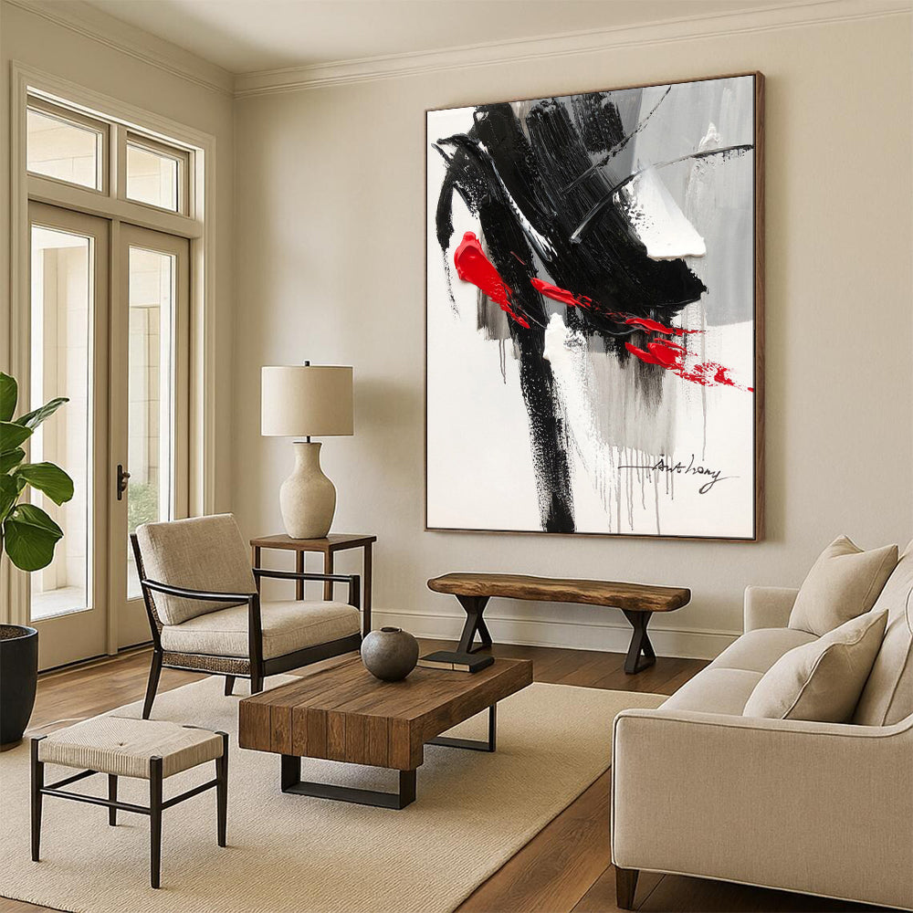 “Black, White, and Red Drama” – Bold Abstract Acrylic CT2088