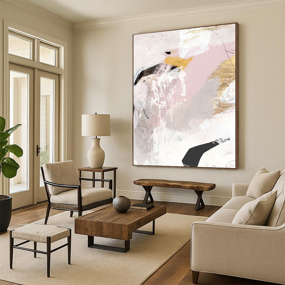 “Blush & Gold Abstract Fusion” - Pink, Gold, Gray Abstract Painting On Canvas DTP211