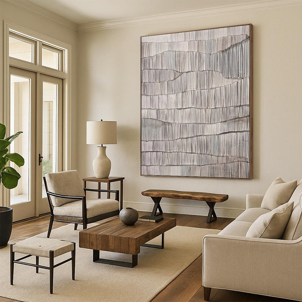 “Repetitive Gray Ridges” - Gray & White Minimalist Textured Painting On Canvas DKH1034