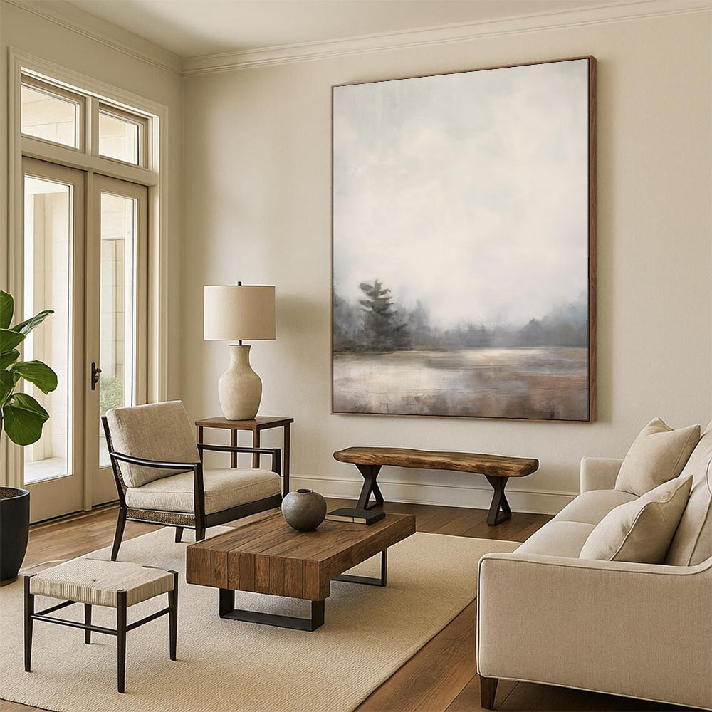“Lonely Pine in Mist” – Impressionistic Landscape Oil Painting with Gray and Beige Hues CT2058