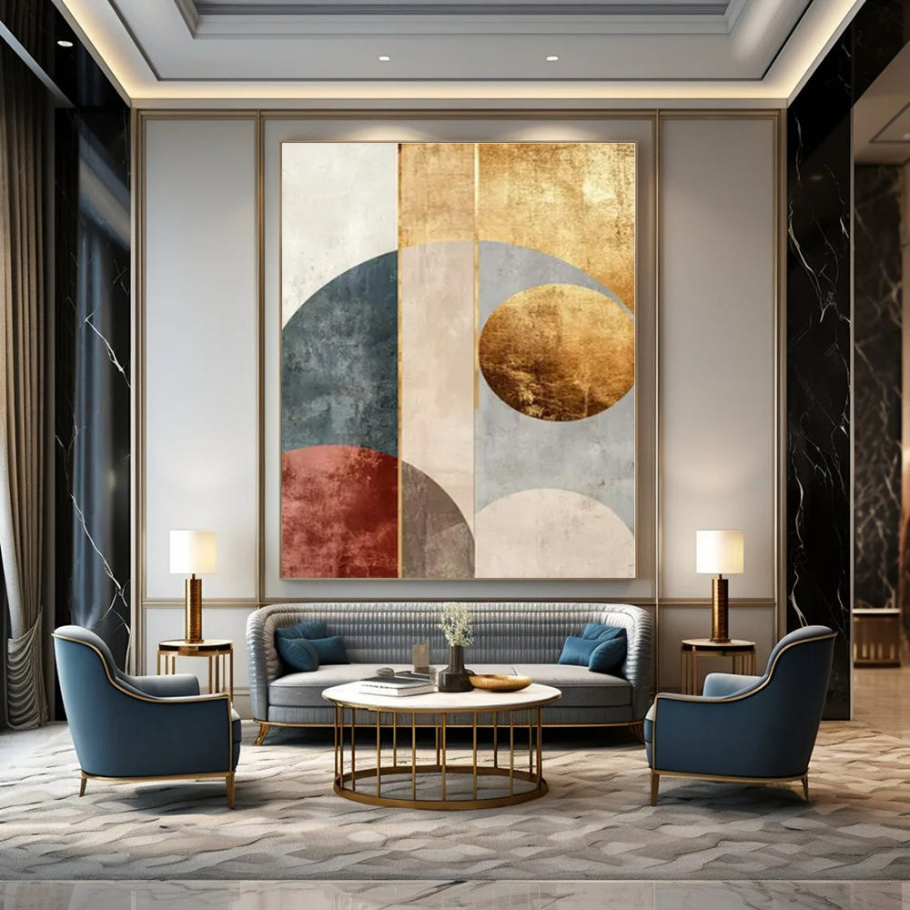 Geometric Arches: Gold, Blue & Rust II - Abstract Minimalist Print CT1247