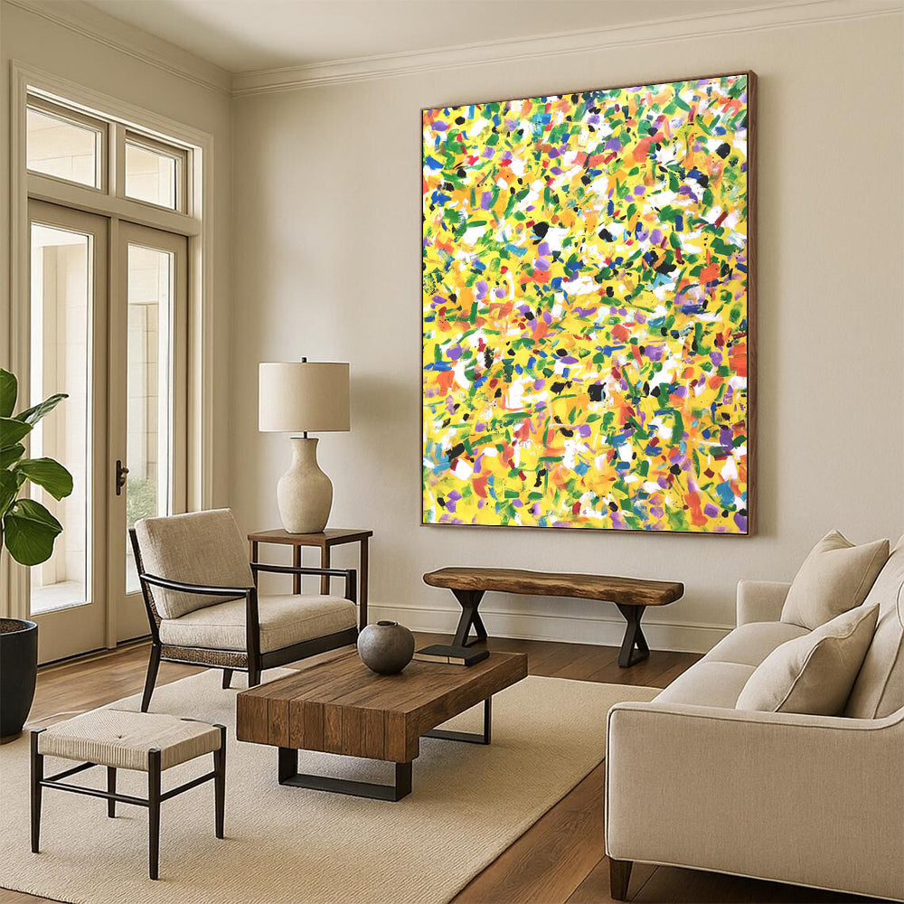 “Yellow Joy” - Bright Yellow Multicolor Abstract Drip Painting On Canvas DKH1571