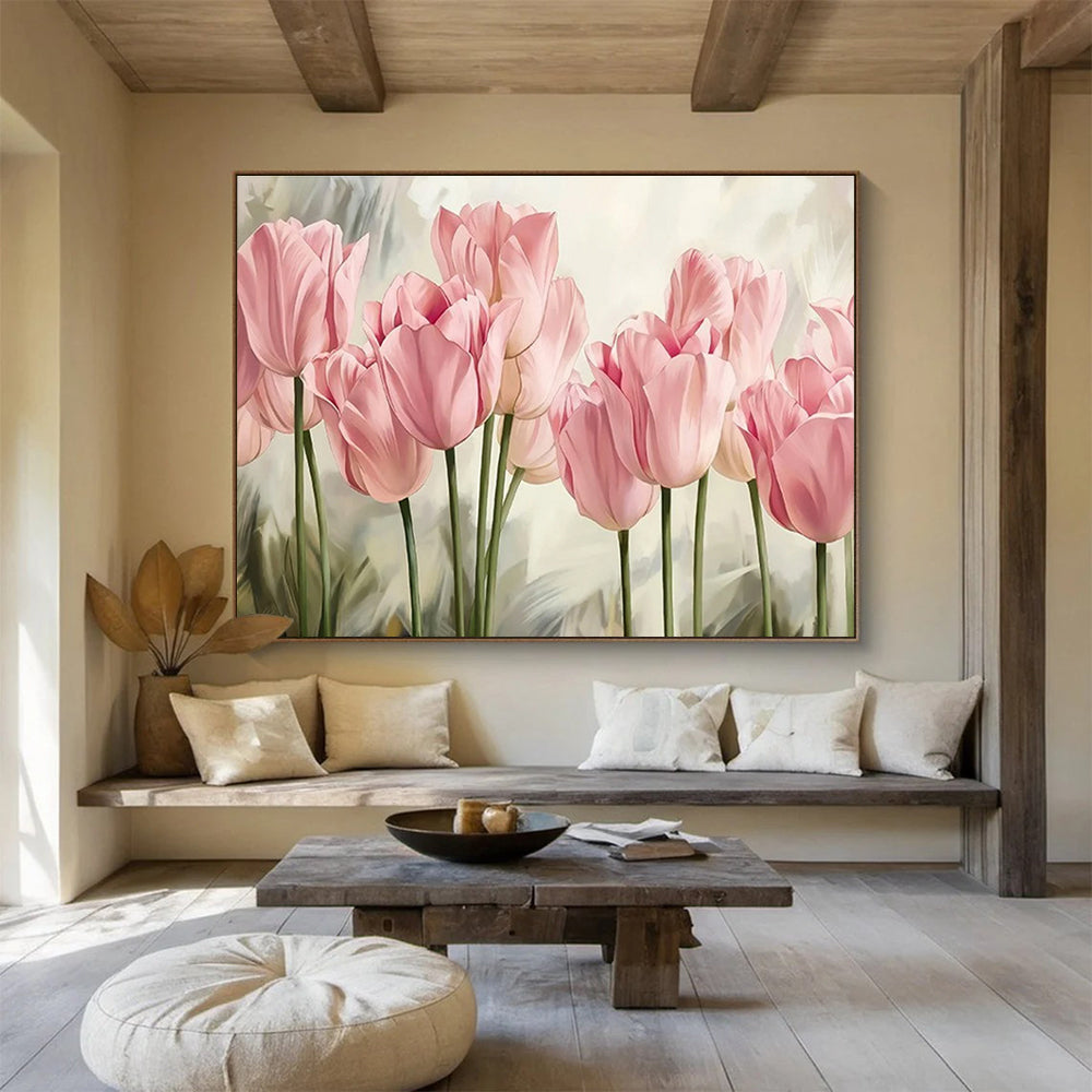 Realistic Pink Tulips - Pink & Green Floral Painting On Canvas DKH898