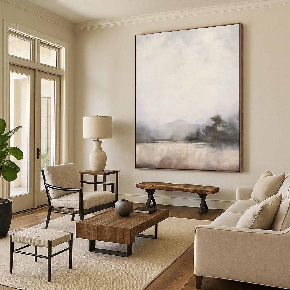 “Misty Lake Dreamscape” – Impressionistic Landscape Oil Painting with Soft Gray and Beige CT2056