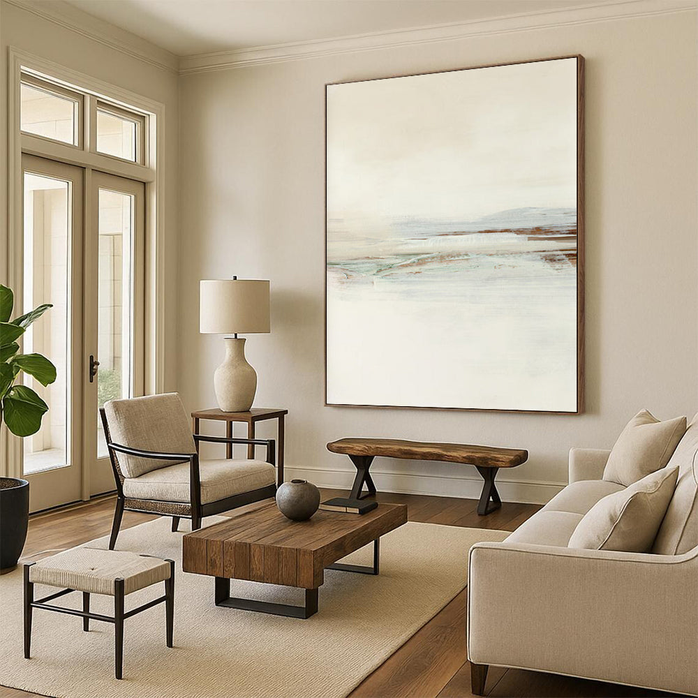 “Neutral Tones Seaside” - Beige, Blue, Green Abstract Landscape Painting On Canvas DTP224