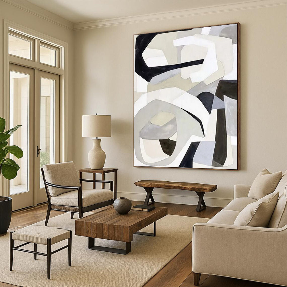 Monochrome Abstract Shapes in Gray Painting On Canvas DKH1141