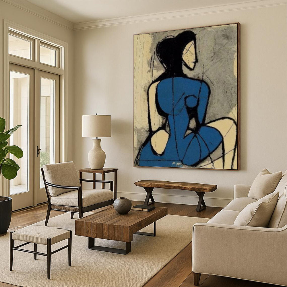 Abstract Blue - Clad Woman in Cubist Style - Figurative Painting On Canvas DKH1417