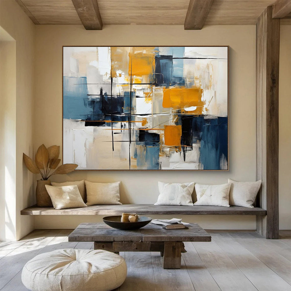 Abstract Geometric Blocks in Yellow and Blue Painting On Canvas DKH183