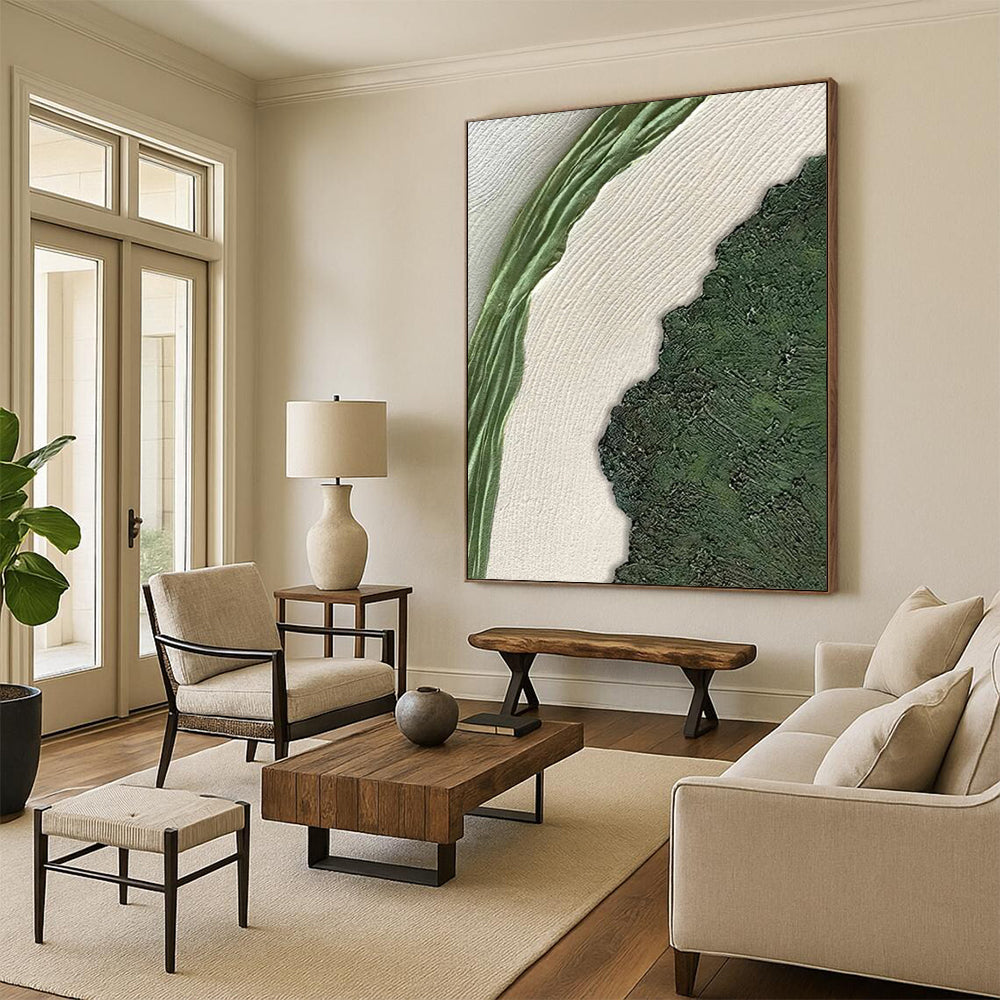 “Green, White, Textured Nature ‘Leafy Contrast’” - Minimalist Abstract Painting On Canvas DTP316