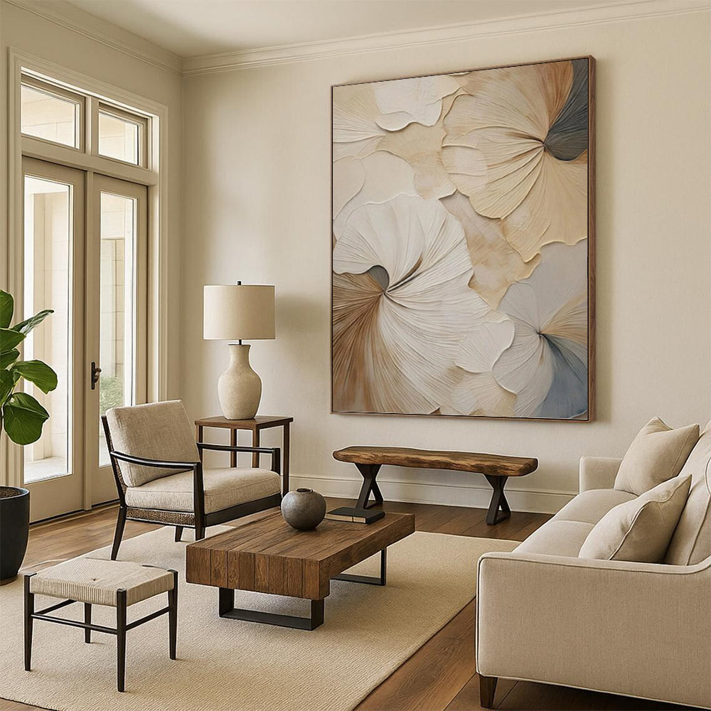 3D Floral Petals in Beige and Gray - Textured Floral Painting On Canvas DKH1383