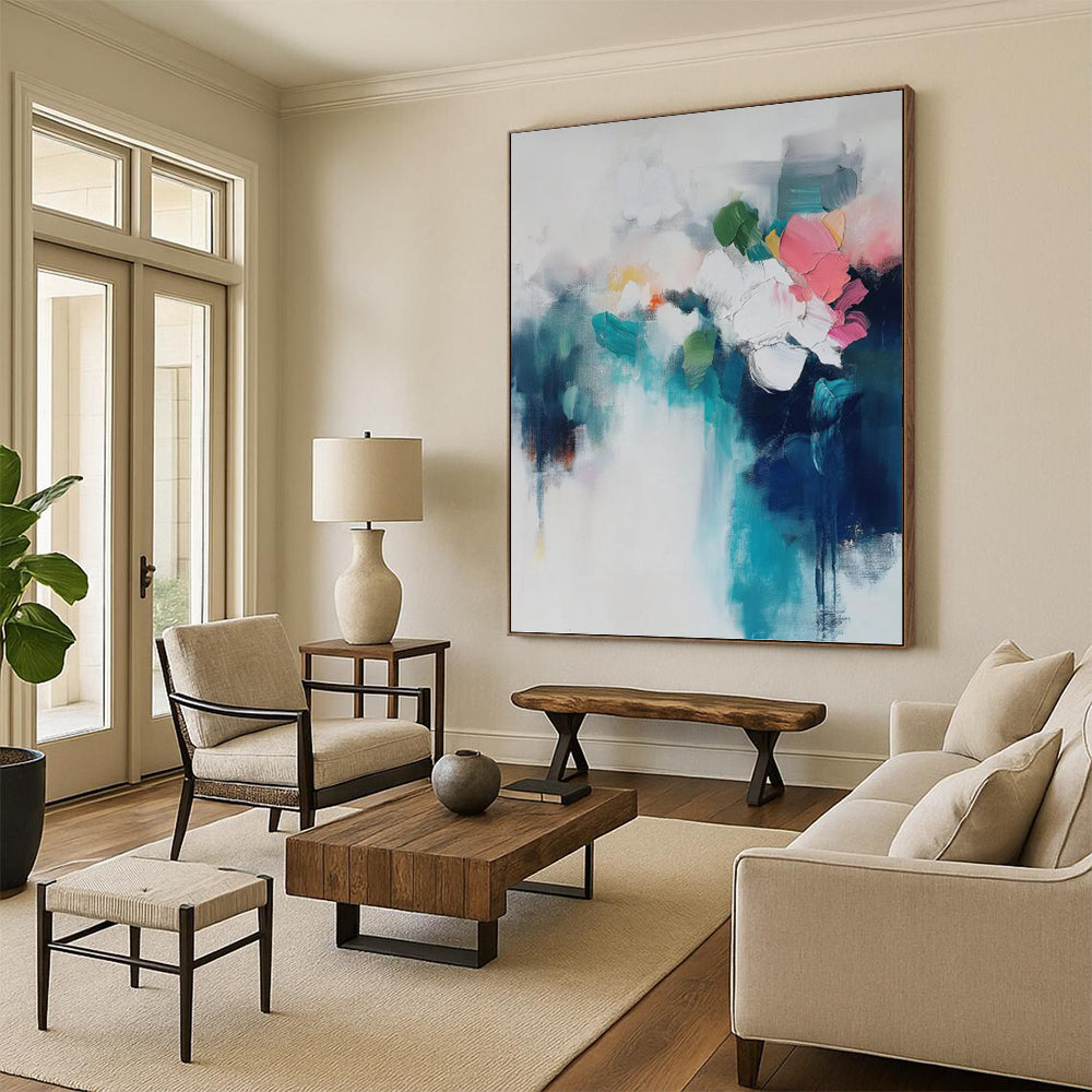 “Colorful Abstract Floral Bouquet” - Blue, White, Pink & Green Impressionistic Flower Painting On Canvas DKH0996