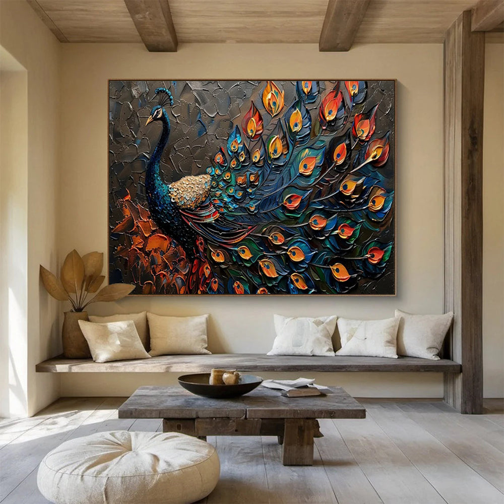 “Textured Peacock with Vivid Plumage” - Ornate Animal Painting On Canvas DKH807