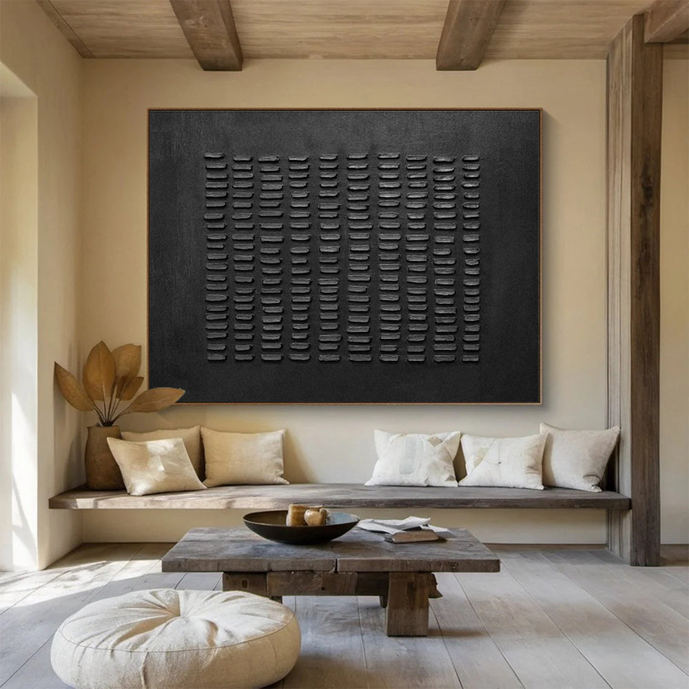 Textured Black Abstract “Tactile Black Grid” Painting On Canvas DKH089