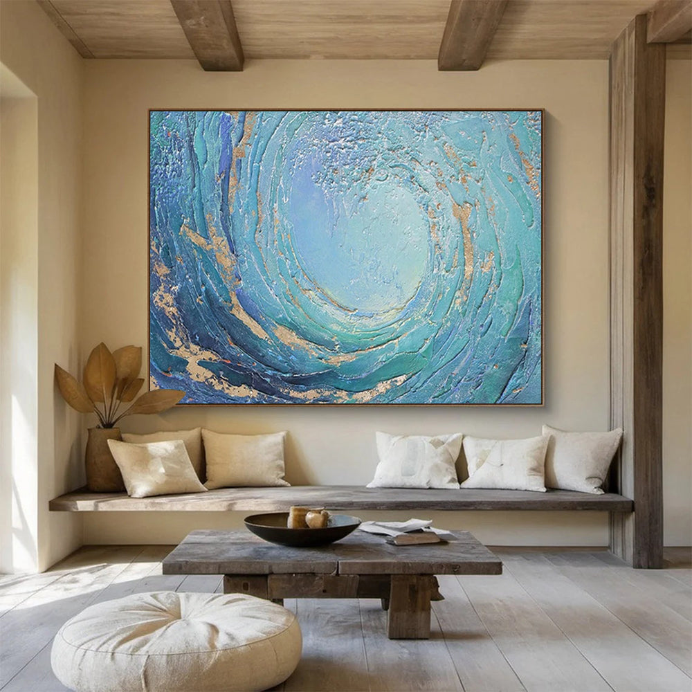 “Swirling Ocean Gold” - Blue, Teal & Gold Textured Wave Painting On Canvas DLZ254