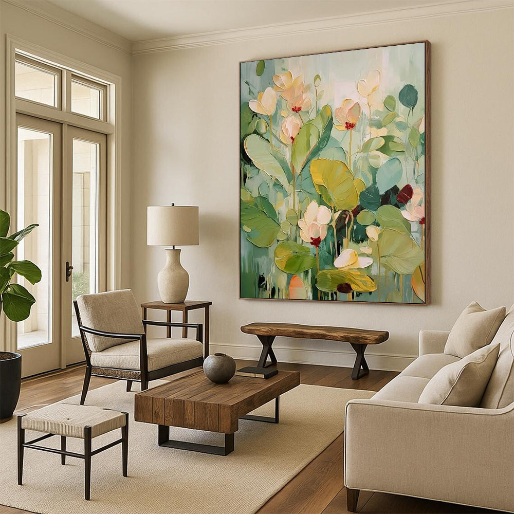 “Green, Beige, Yellow Floral ‘Botanical Dream’” - Impasto Flower Painting On Canvas DTP319