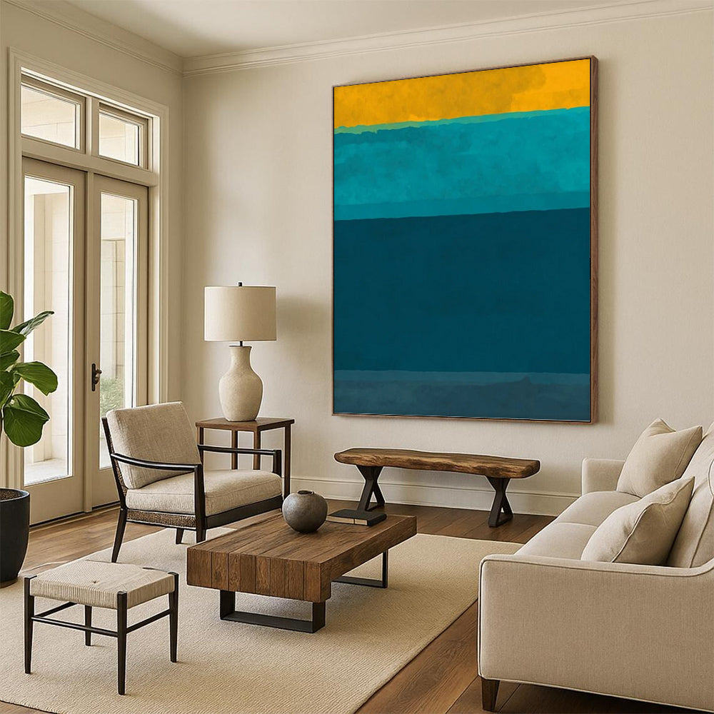 “Sunny Yellow & Ocean - Blue Stripes” - Minimalist Color - Block Painting On Canvas DKH1623
