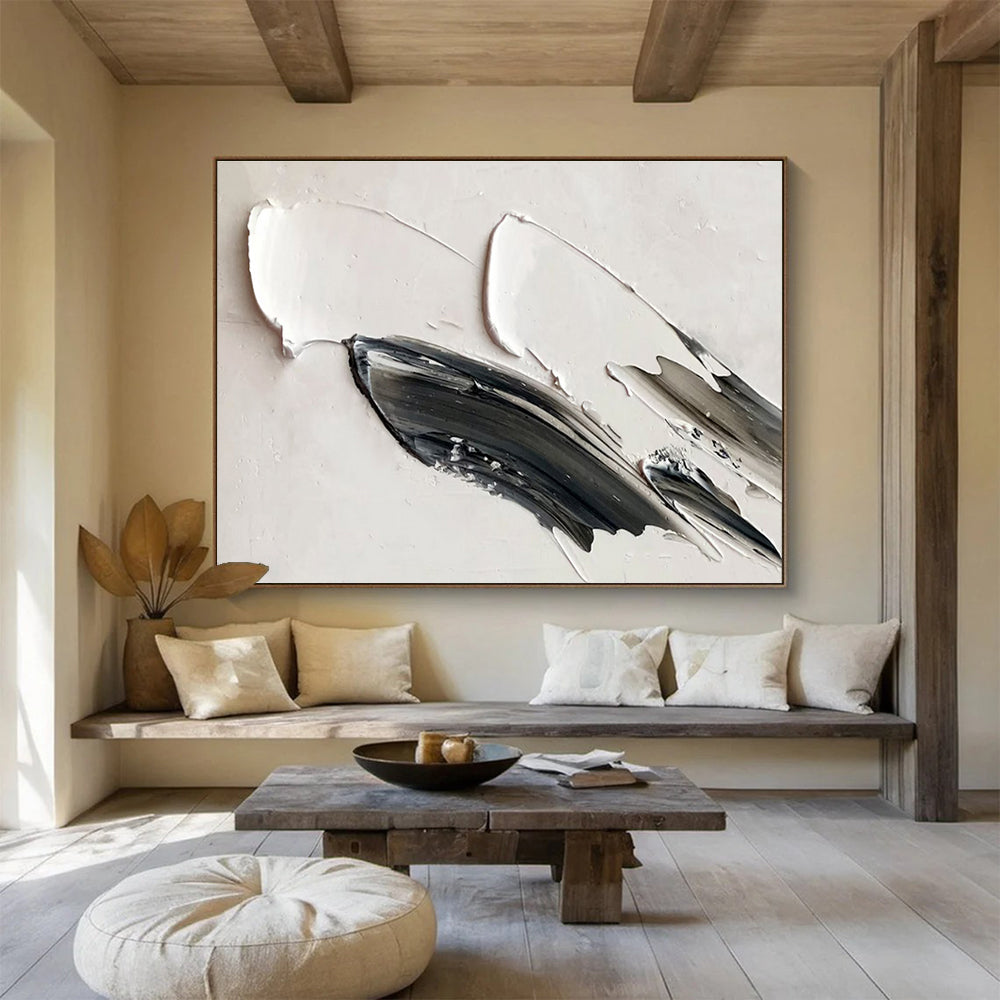 Minimalist Black & White Strokes - Gray, Black & White Abstract Painting On Canvas DKH908