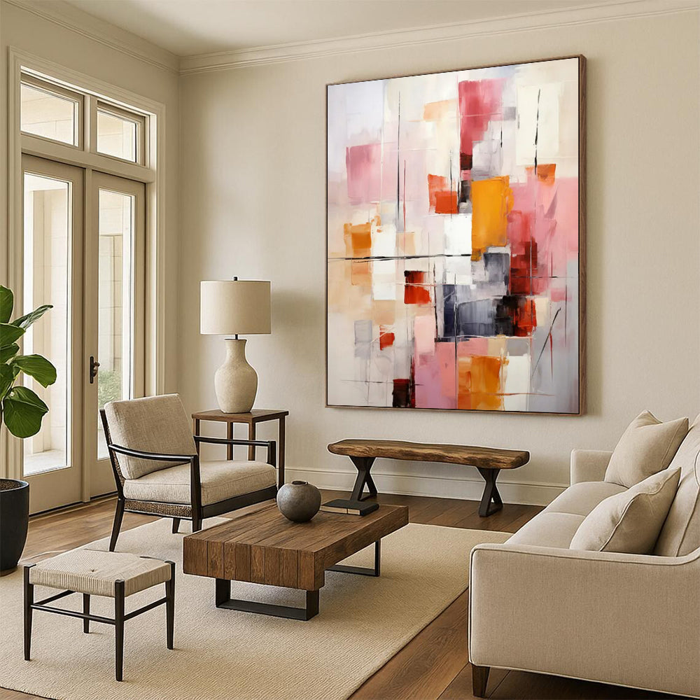 Pink & Orange Abstract Geometry - Colorful Geometric Abstract Painting On Canvas CT2278