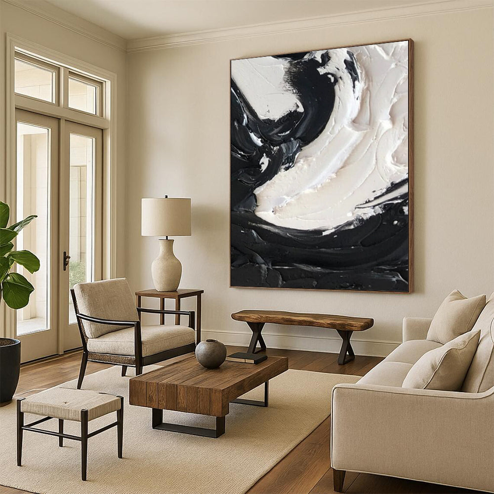 “Black, White Swirl ‘Powerful Balance’” - Impasto Abstract Painting On Canvas DTP385