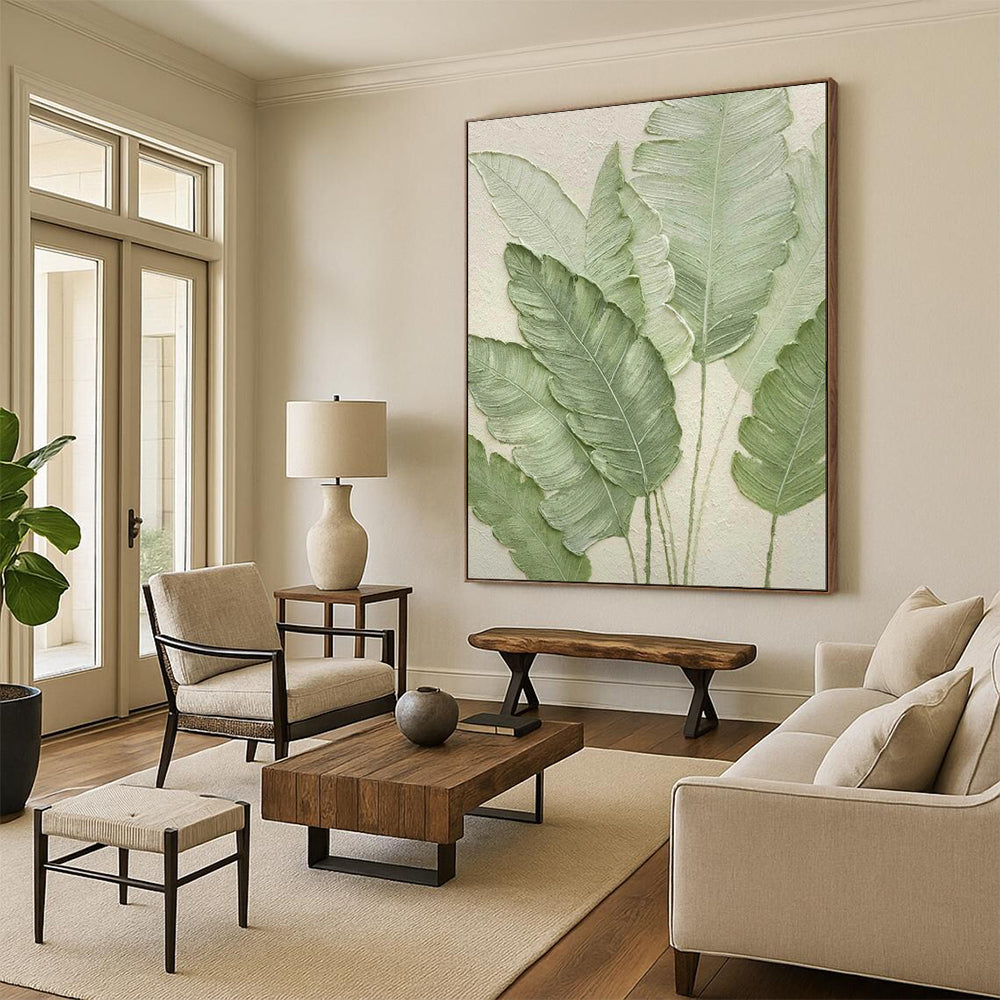 “Textured Ferns in Sage” - 3D Botanical Plaster Art on Canvas CT1876
