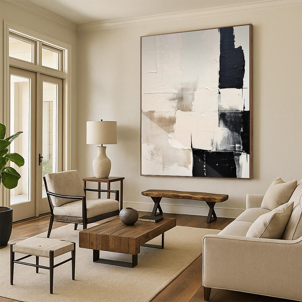 “Black - White - Beige Abstraction” - Minimalist Abstract Painting On Canvas DTP056