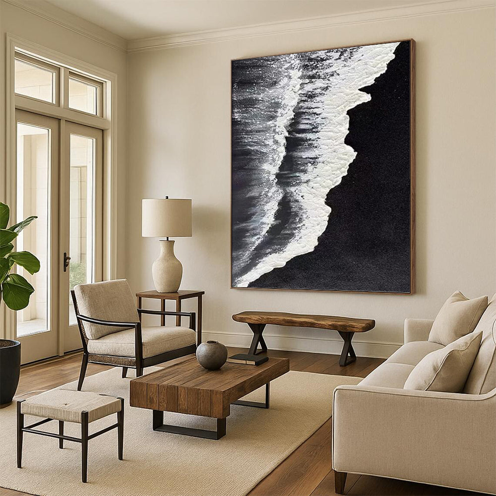 “Black - White Wave Detail” - Black & White Textured Seascape Painting On Canvas DKH0962