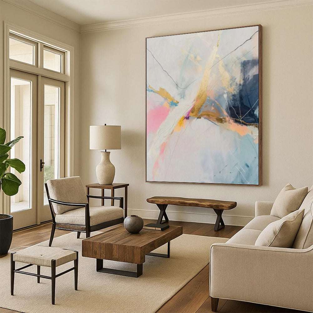 “Pastel, Gold & Blue Abstract Line Burst” Painting On Canvas DKH0995