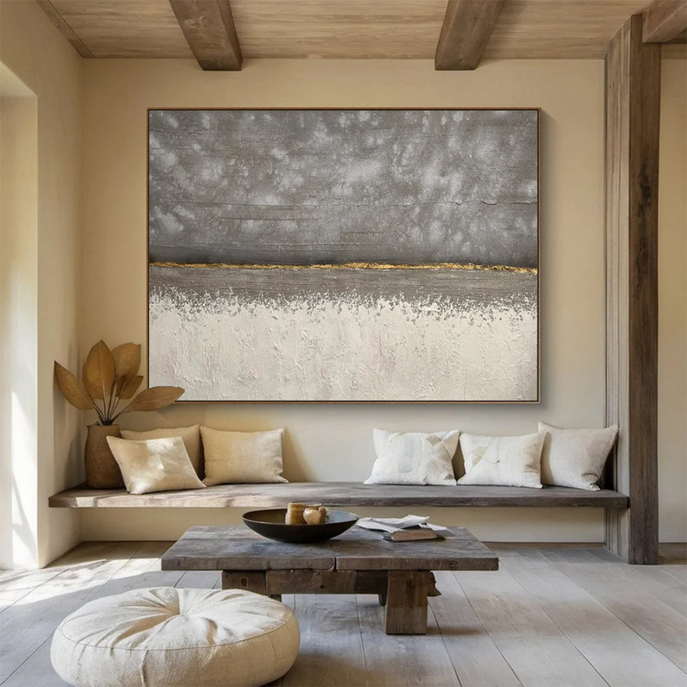 Concrete Elegance Gray and Gold Minimalist Painting On Canvas DKH172