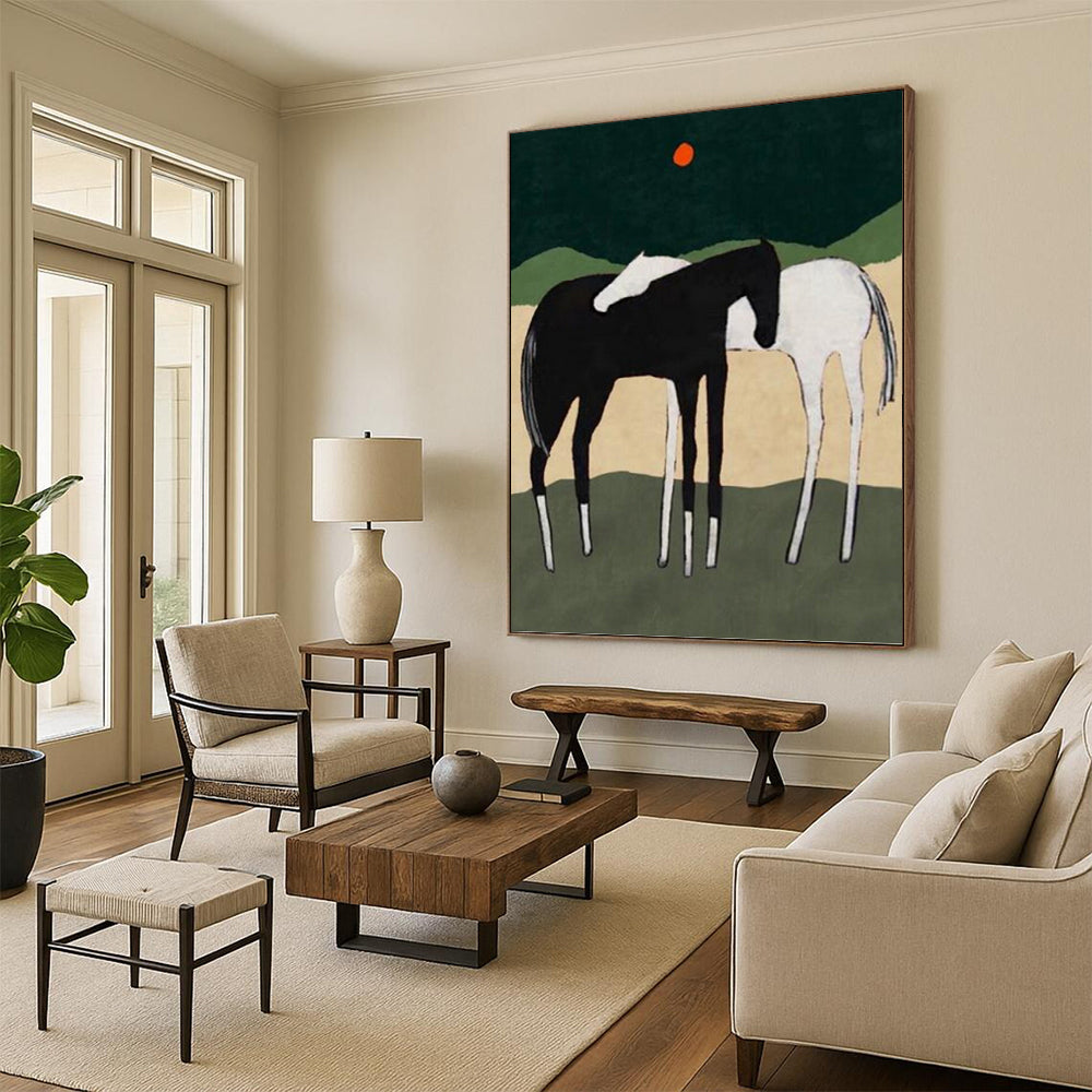 Horses in Landscape with Red Sun - Equine Landscape Painting On Canvas DKH1412