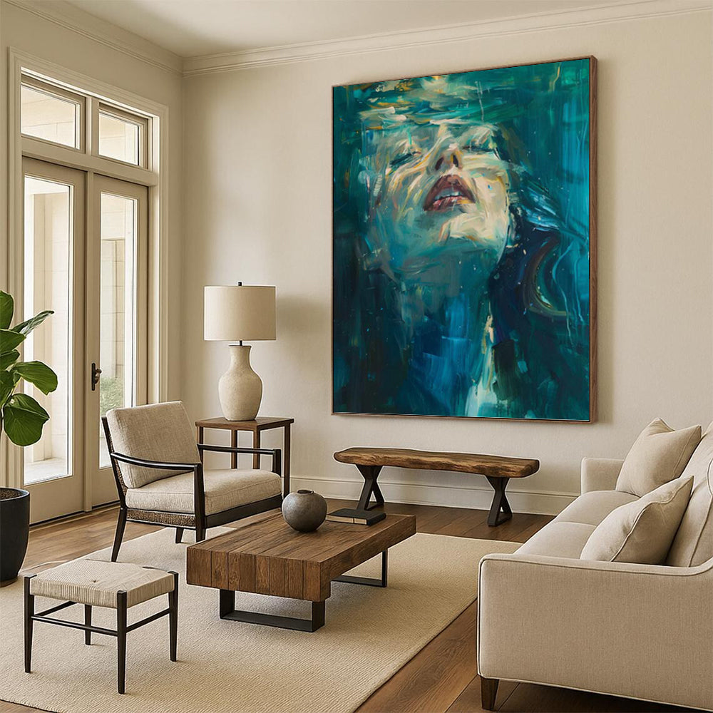 “Underwater Serenity” - Blue & Green Impressionistic Portrait Painting On Canvas DKH1183