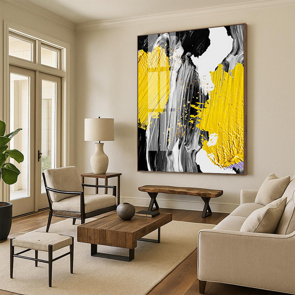 “Vibrant Strokes” - Yellow, Gray, Black & Gold Abstract Splashes Painting On Canvas DKH1526