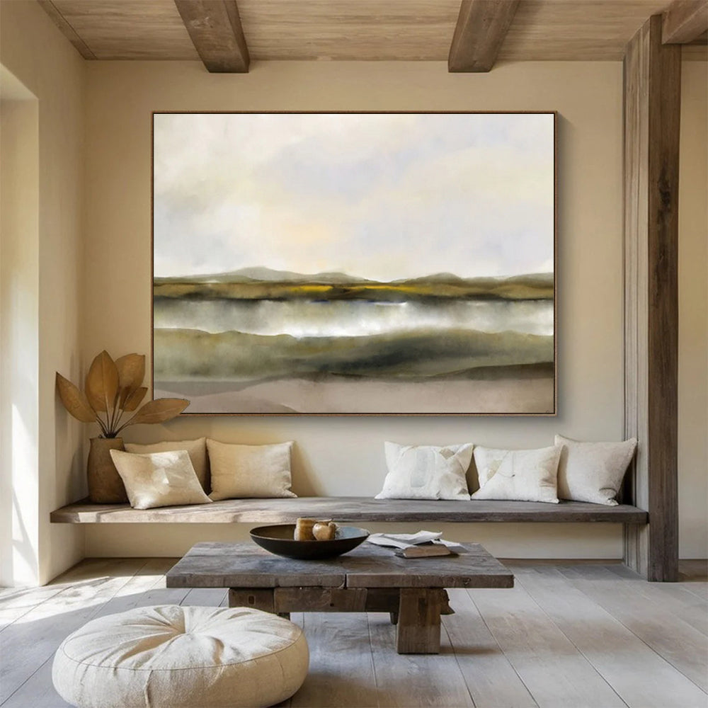 “Muted Tones: Tranquil Lake & Hills” Minimalist Landscape Painting On Canvas DKH361