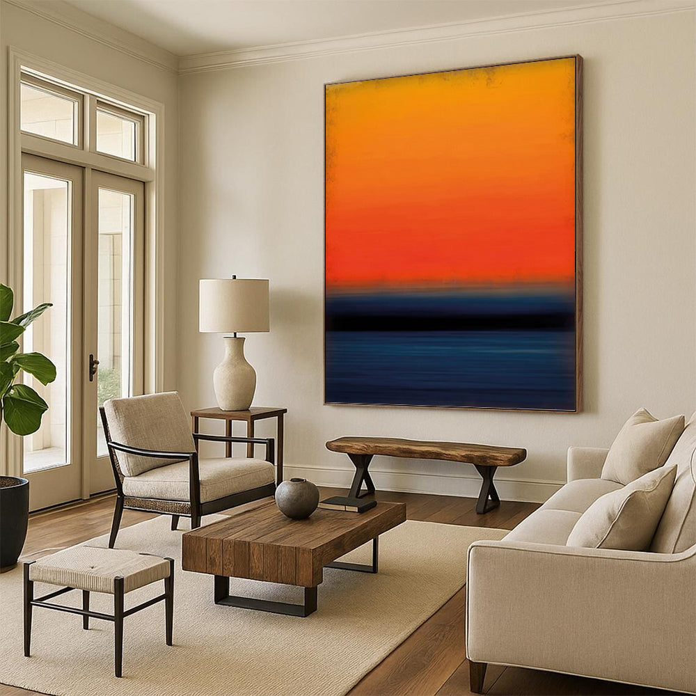 “Vibrant Sunset Stripes with Deep Blue” - Bold Color Field Sunset Painting On Canvas DKH1603