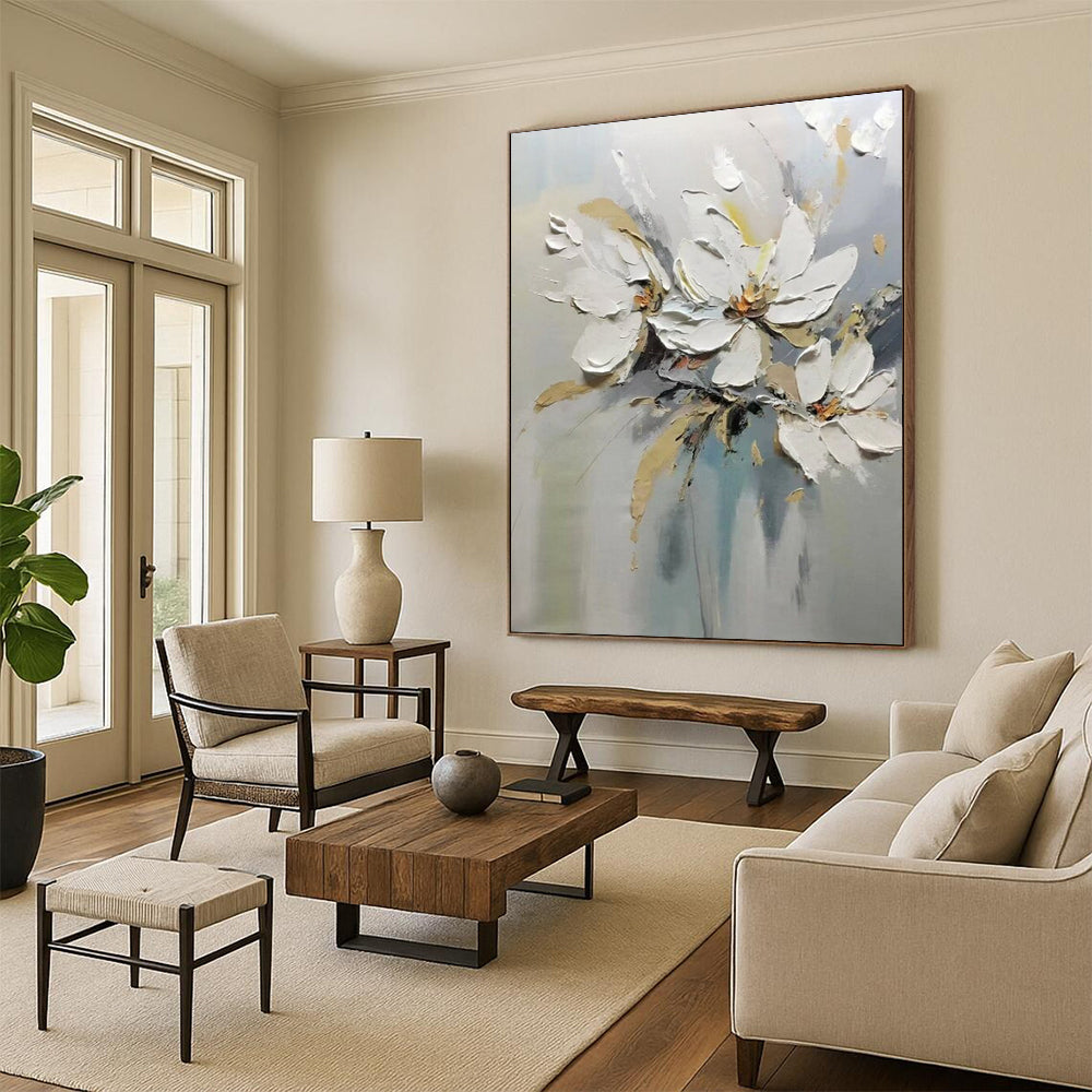 “White Floral Bouquet” - White, Beige & Gray Flower Painting On Canvas CT2201