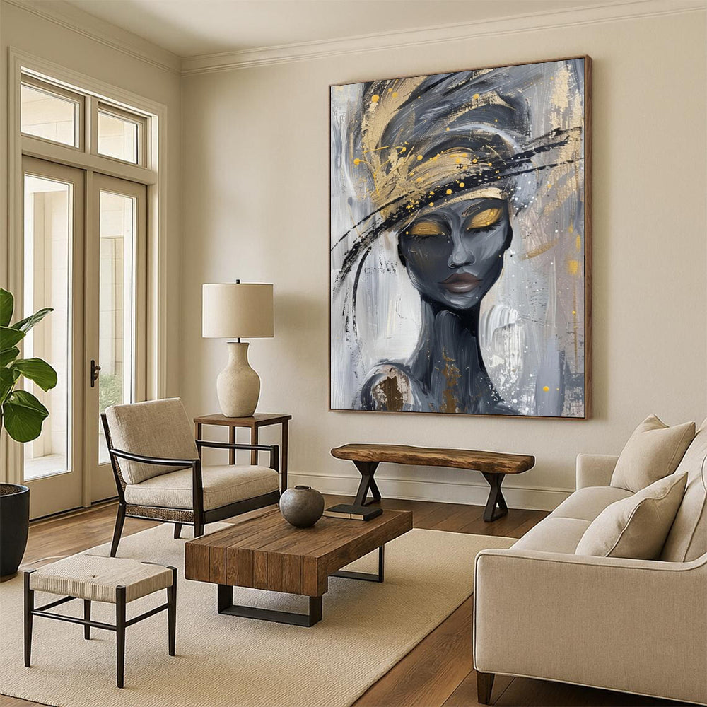 “Elegant Gold - Hatted Lady” - Gray, Black & Gold Abstract Portrait Painting On Canvas CT2197