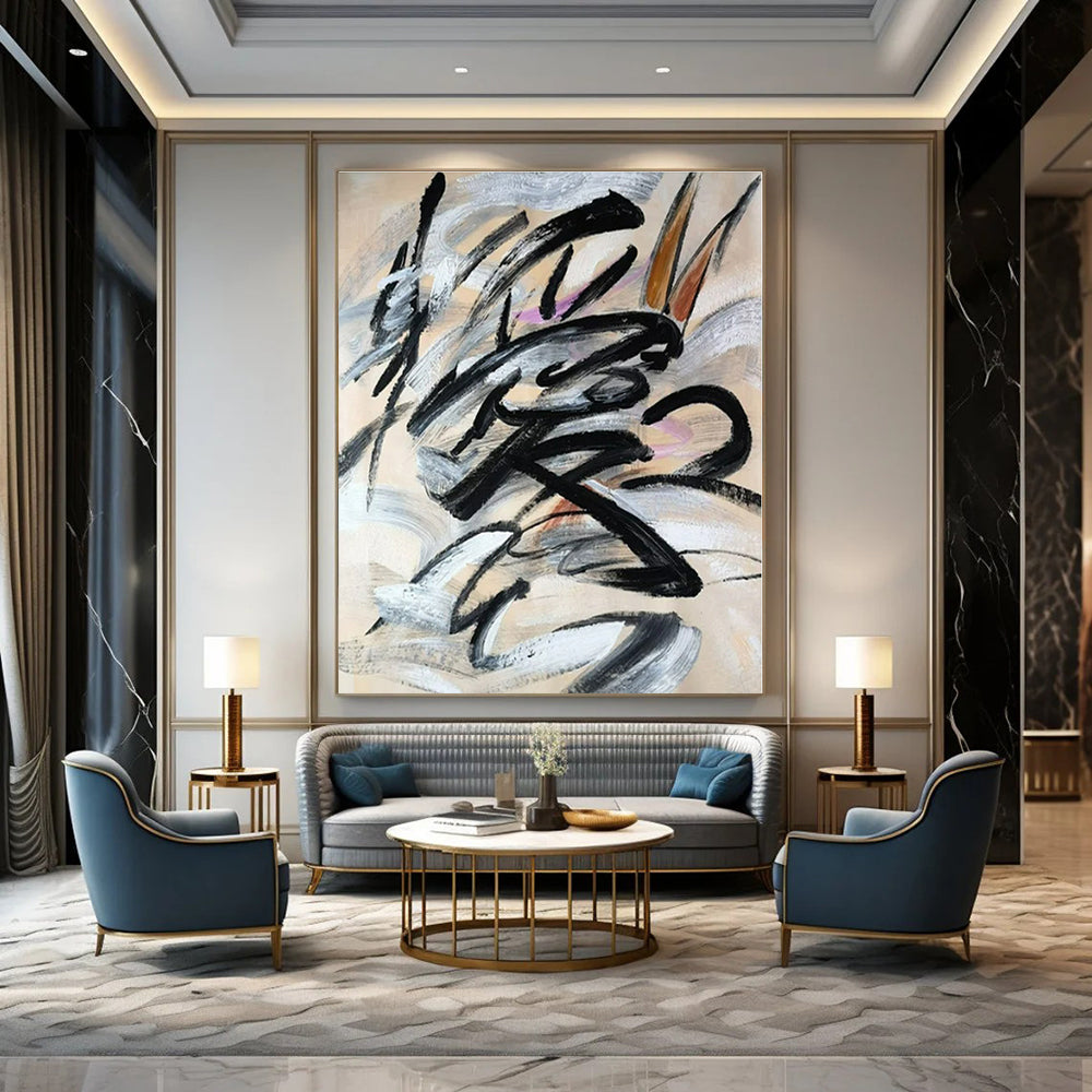 Black Calligraphic Swirls - Abstract Calligraphic Acrylic On Canvas CT1325