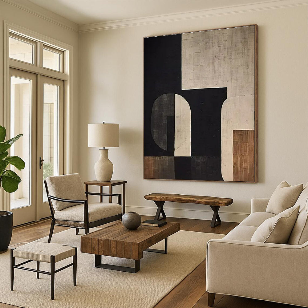 “Black - White - Brown Geometric Abstract” ,Abstract Acrylic Painting CT0862